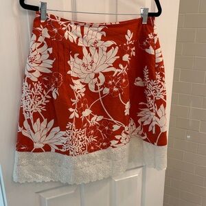 Ann Taylor Orange and White Floral A-Line Skirt with Lace Hem